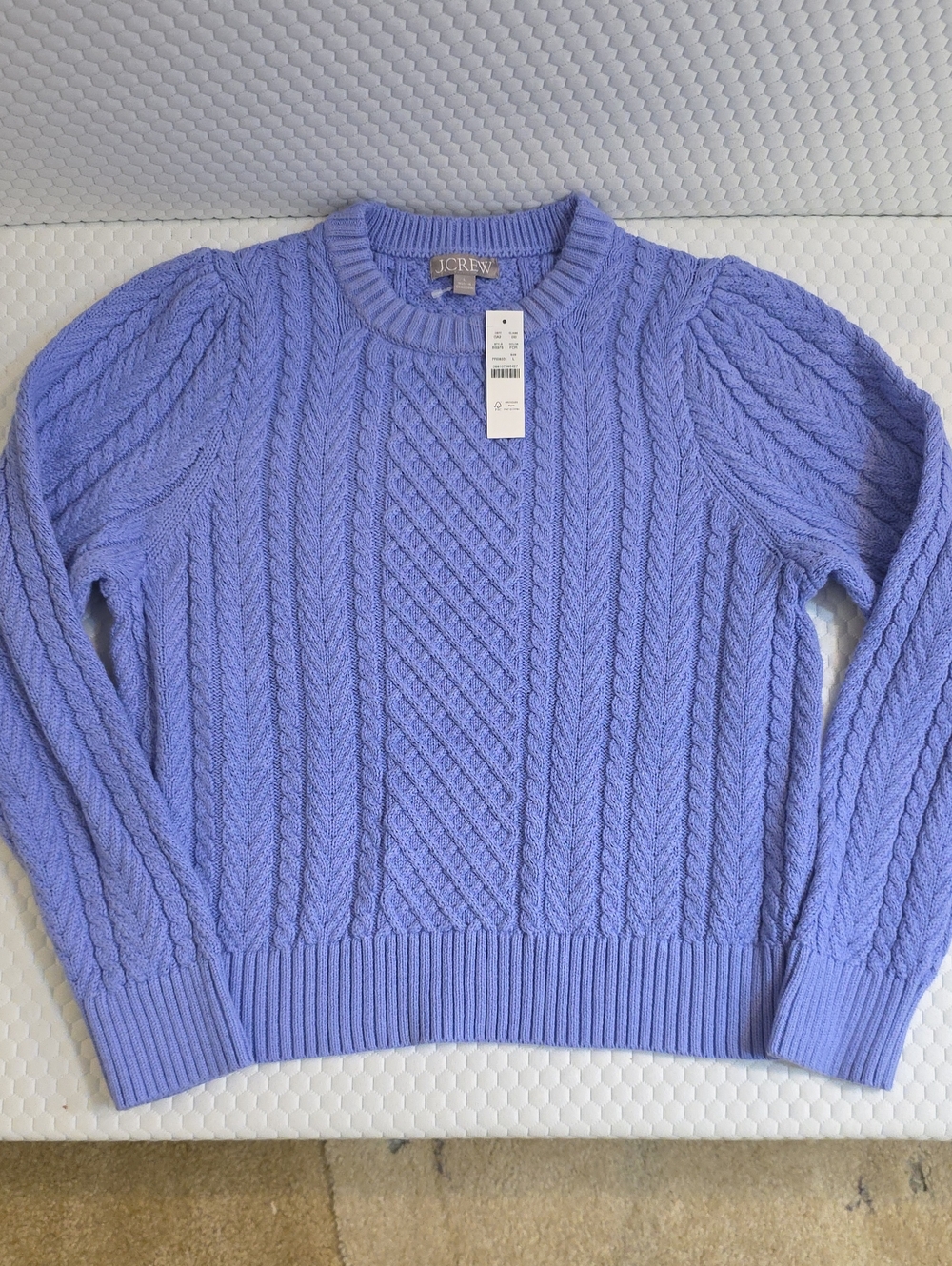 J.Crew Periwinkle Cable Knit Sweater NWT Size L Puff Sleeve Cotton